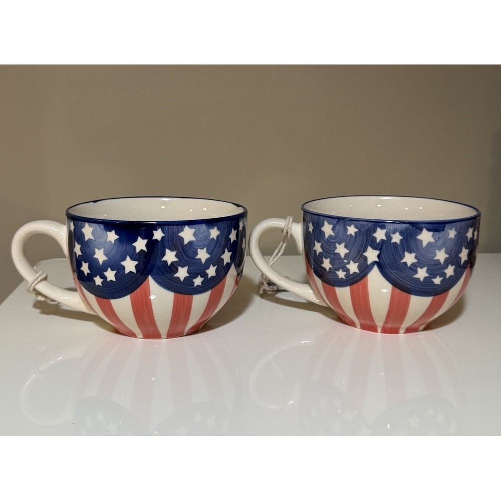 NEW Set of 2 Patriotic Oversized Coffee Mugs – Americana Stars &‎ Stripes –...